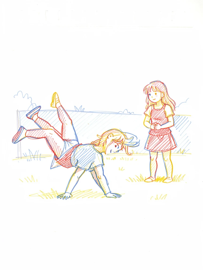 A young girl practicing cartwheels in the backyard with her sister