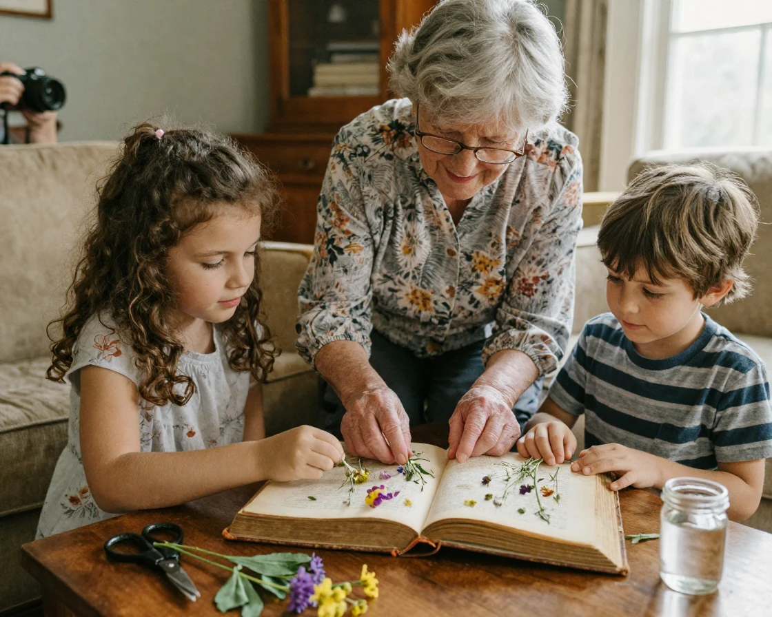 A grandmother and her grandchildren press flowers between the pages of a heavy book.