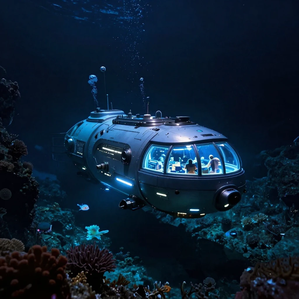 An underwater research station glowing amid a dark deep-sea trench