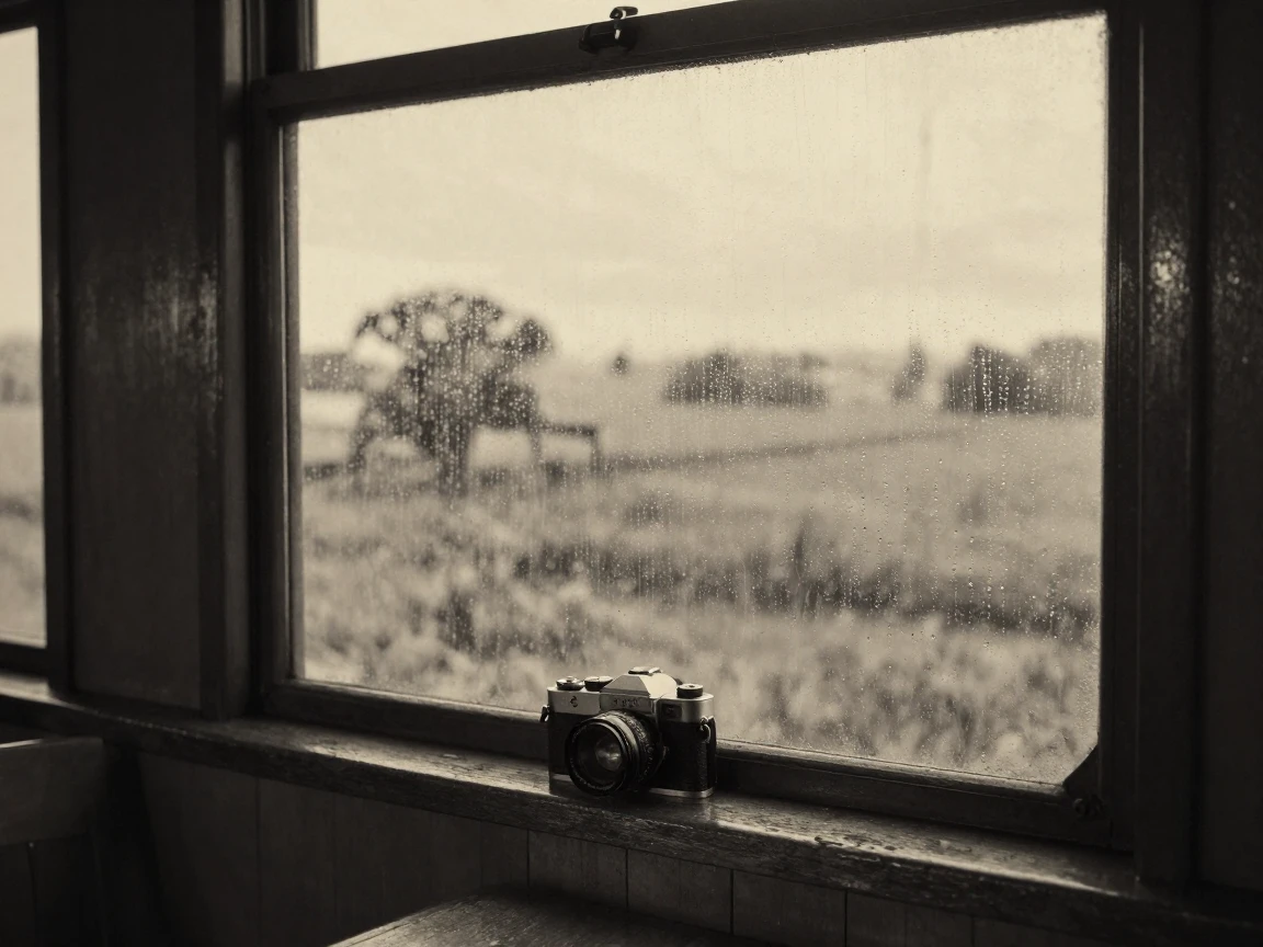 Rain streaking down the window of an old countryside train, under soft golden-hour light, under a light drizzle, in the height of summer, with stark black-and-white contrast softened by a single warm hue, at eye level, intimate and direct.