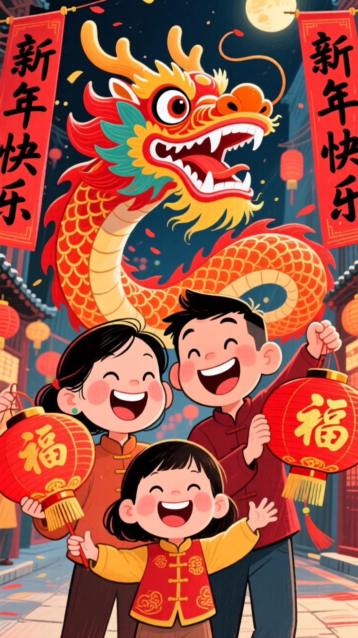 A family celebrating Lunar New Year with red lanterns and a dragon dance in the background.