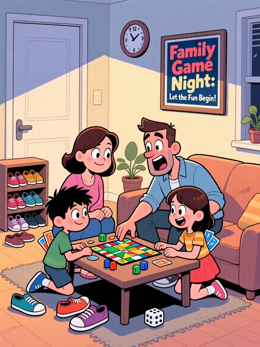 A heartwarming scene of a young family playing a board game that has clearly gotten too competitive, with everyone's shoes kicked off by the door.