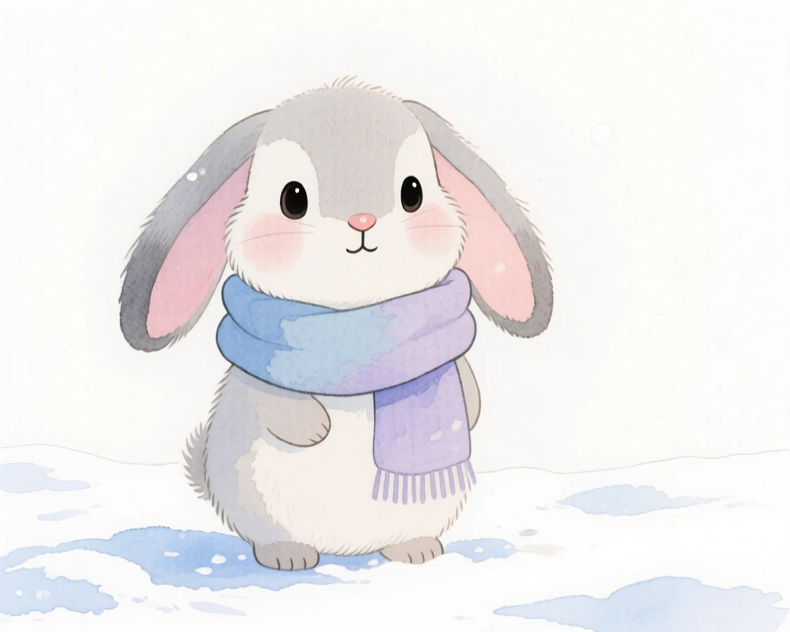 A floppy-eared bunny wearing a cozy scarf in the snow
