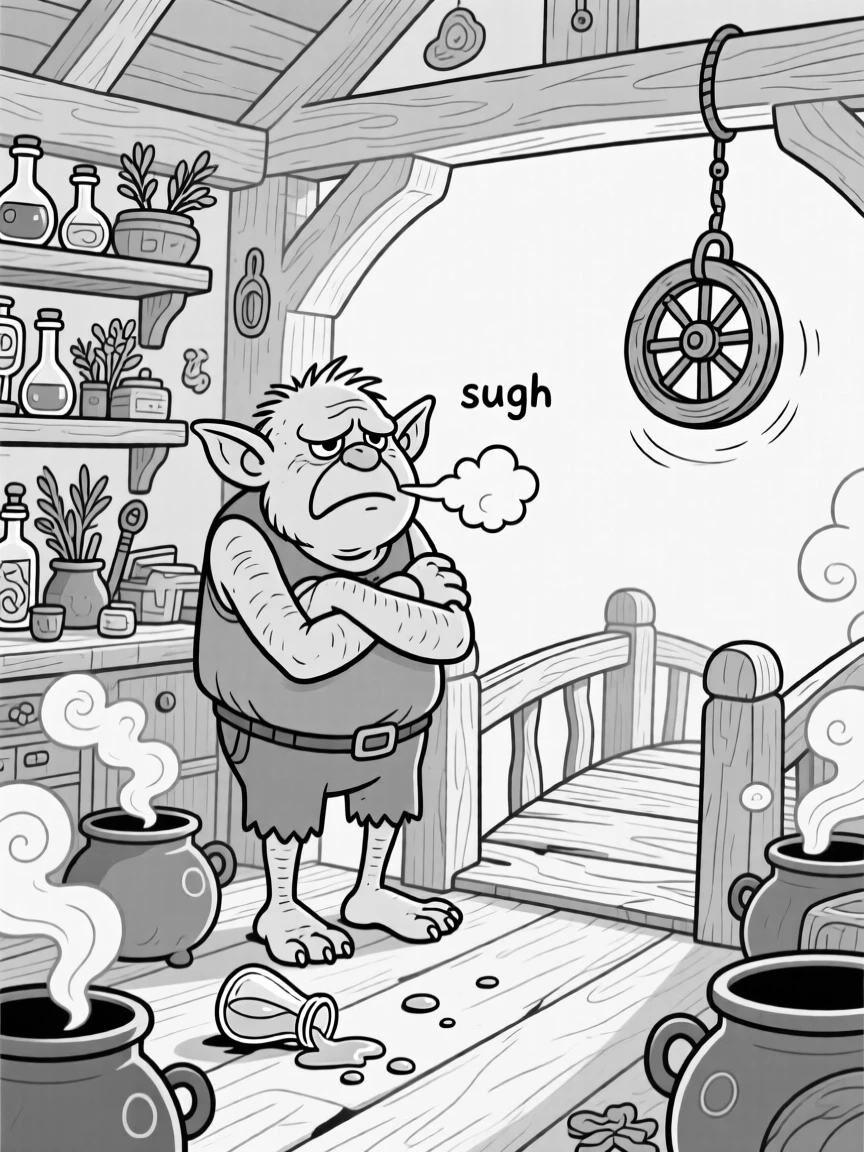 A grumpy troll guarding a bridge with folded arms, sighing dramatically as another potion spills, set in a cluttered cottage full of bubbling cauldrons. A tiny cart wheel spins uselessly in the air. It's a whimsical moment that feels both magical and silly.