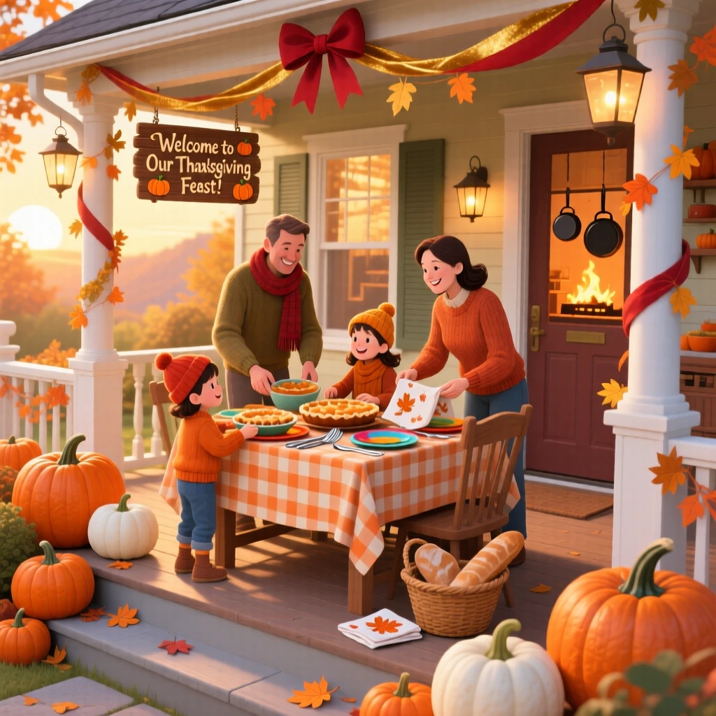In a pumpkin-lined front porch, a family gathered together celebrate together by setting the table for a big Thanksgiving feast, while ribbons and bows decorate every corner.