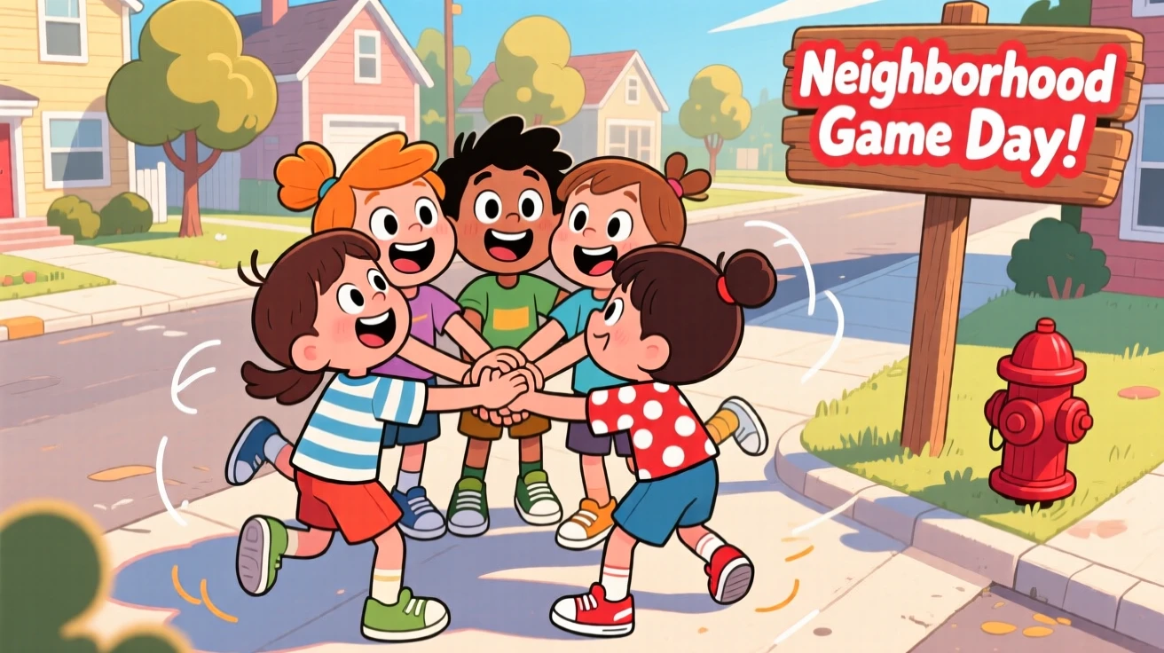 A group of kids forming a huddle before a neighborhood game.