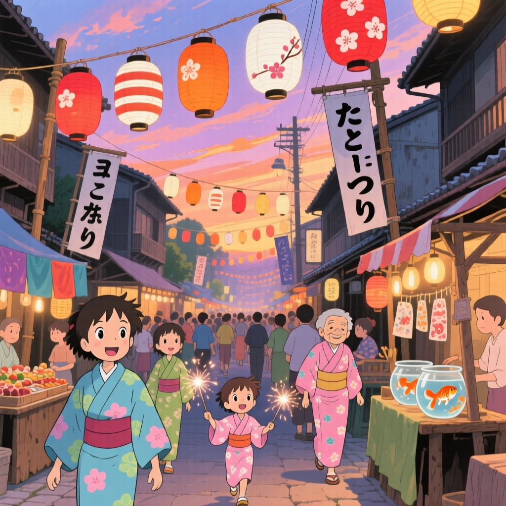 A summer scene of a lively festival with paper lanterns strung above a crowded street, under a sky streaked with color.