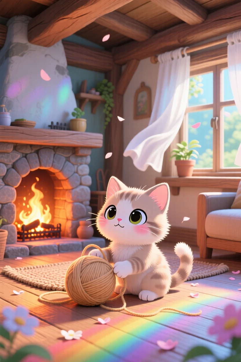 A kitten playing with a ball of yarn beside a fireplace, framed as a full-body shot within a rustic living room, during a light summer breeze, glowing under bright rainbow-tinted light, evoking shy bashfulness.