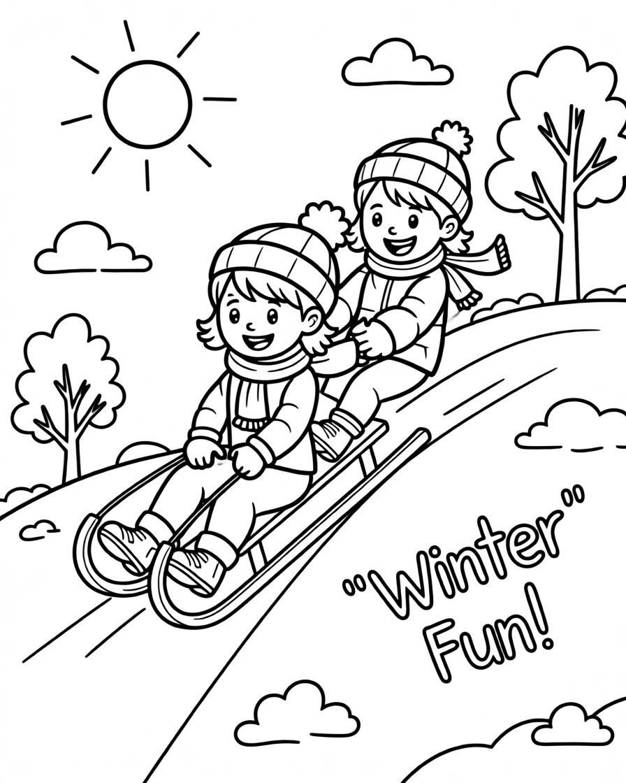 Children sledding down a snowy hill on a sunny winter day