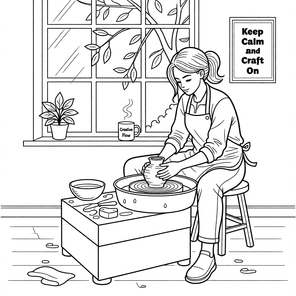 A potter's wheel shaping wet clay into a vase, with a window casting soft natural light over the scene.