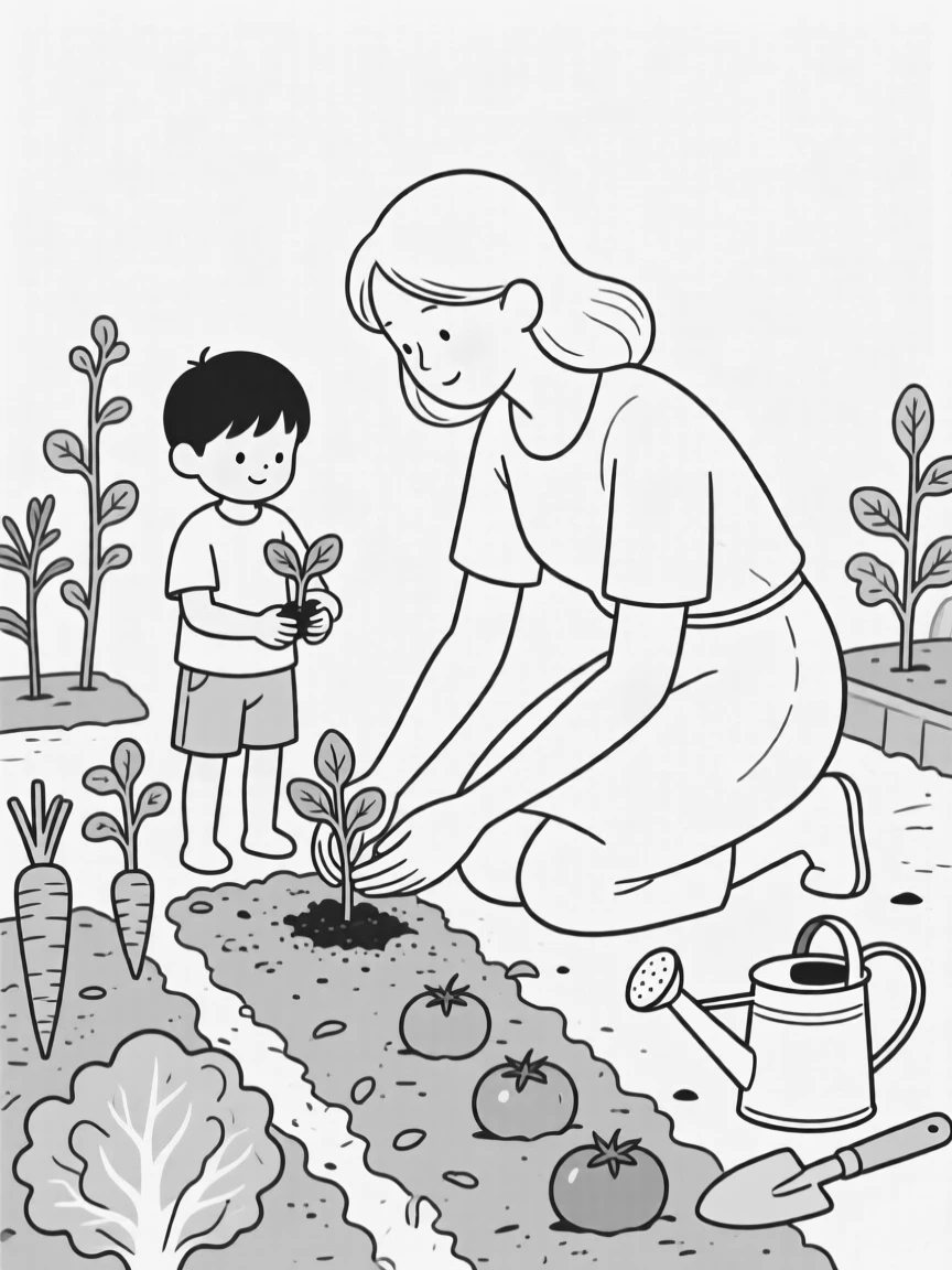 A mother and son planting vegetables in a garden