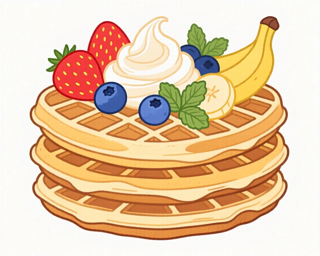 A stack of waffles topped with fresh fruit and cream.