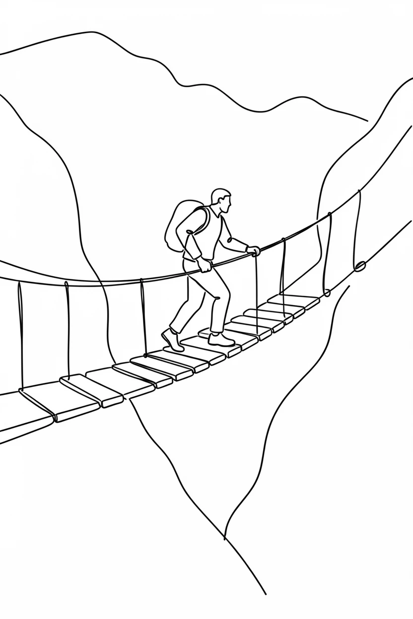 A traveler crossing a rope-and-plank bridge over a mountain gorge