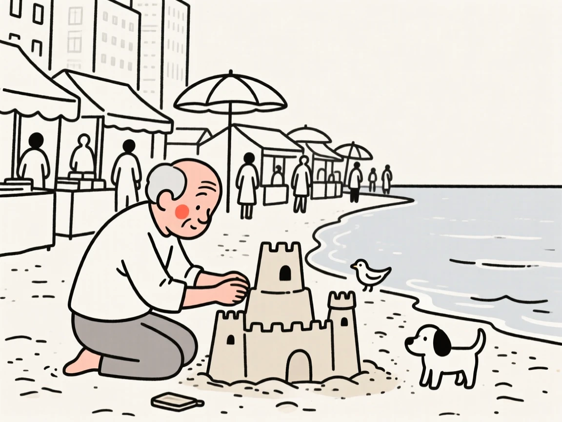An elderly man building a sandcastle by the shore, in a bustling city market.