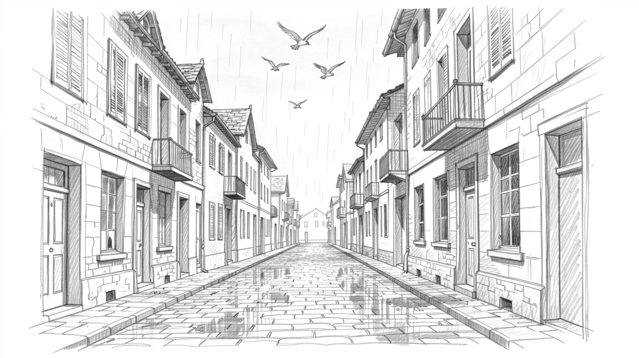 Sweeping architectural view of a narrow cobblestone street lined with old townhouses, during a quiet rain shower, with birds circling overhead.