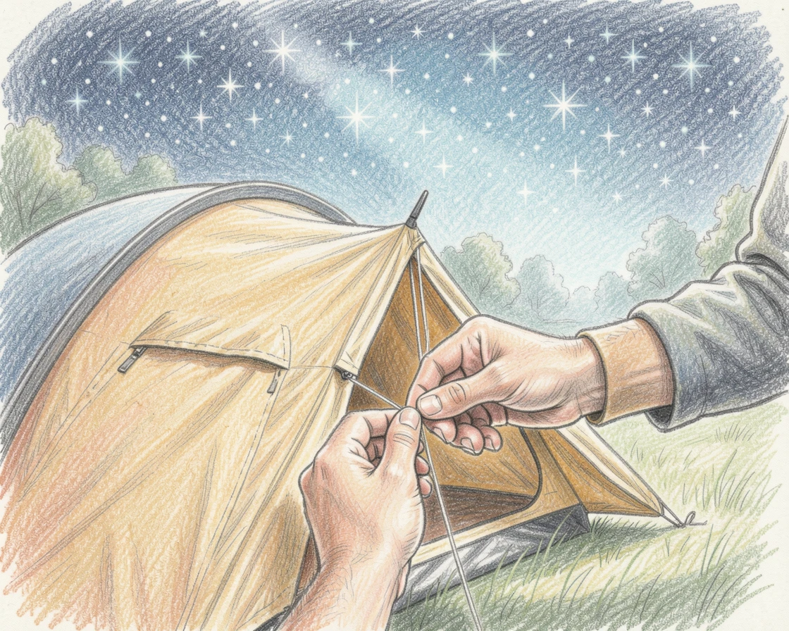 A camper setting up a tent beneath a canopy of stars, with soft focus on the hands and careful details of the craft, designed to feel calming and inspiring.