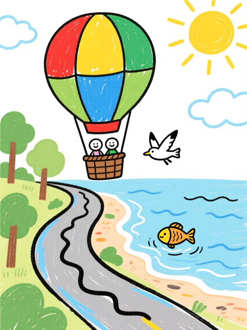 A colorful hot air balloon traveling along a winding coastal road.
