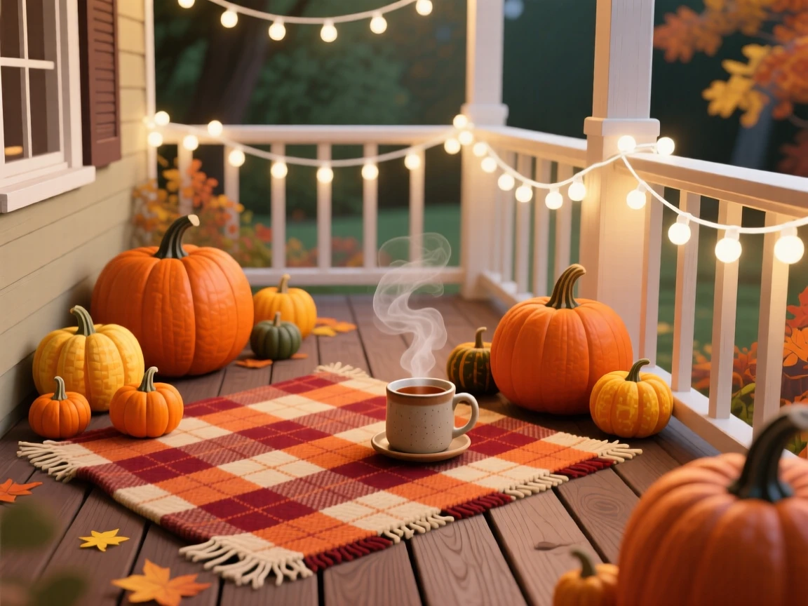 A cozy autumn porch decorated with pumpkins and warm string lights, placed on a woven picnic blanket outdoors, framed closely to highlight comforting small details, with subtle steam rising to add a warm, lived-in feel.