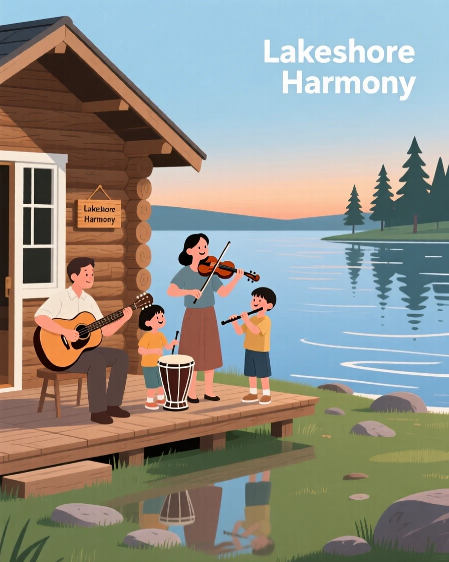 A family playing music together at a lakeside cabin.