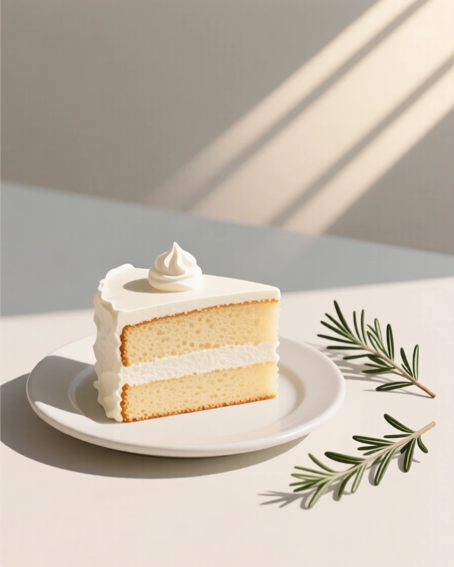 A homemade slice of layered cake cooling near fresh herbs on a sunny farmhouse kitchen, expressing festive celebration.