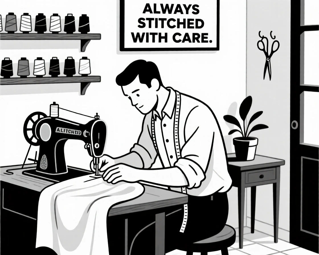 A tailor stitching fabric in a small shop.