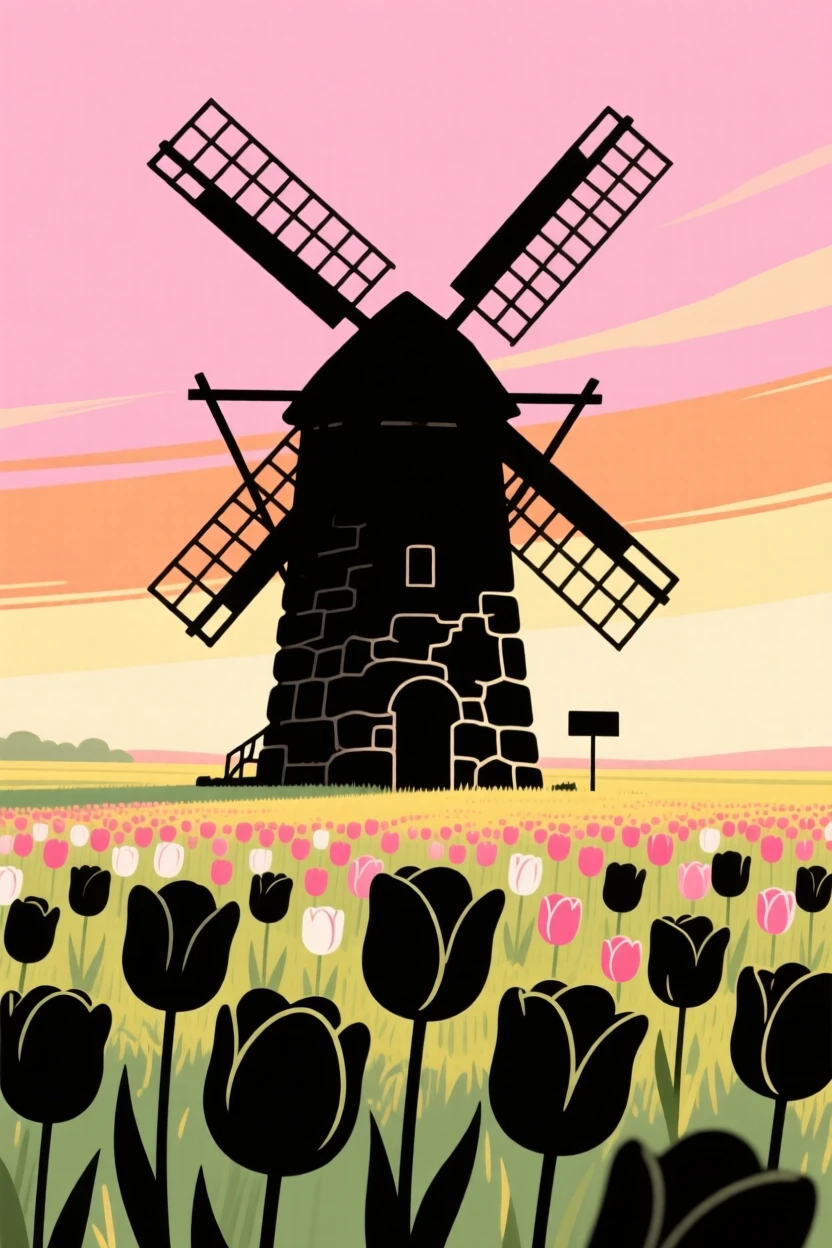 An old stone windmill standing in a field of blooming tulips.