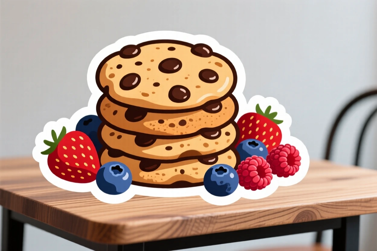A delightfully sweet stack of chocolate chip cookies fresh from the oven, with fresh berries scattered around it, on a cozy café table.