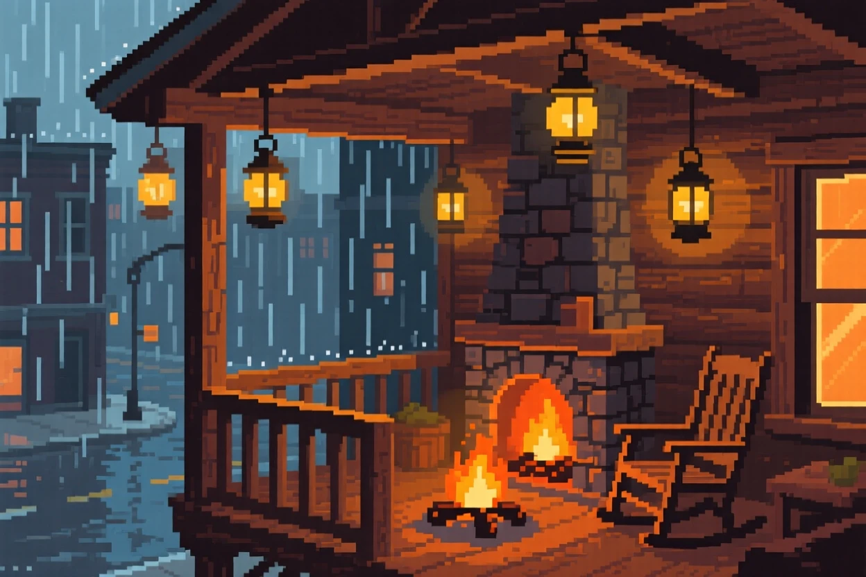 A cabin porch lit by a crackling fire and hanging lanterns, in a loft apartment above a rainy street.