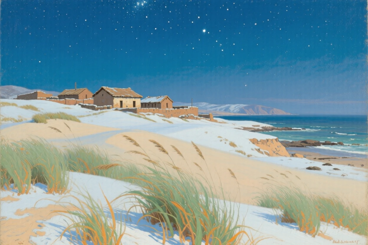 A panoramic view of a coastal dune landscape with tall grass bending in the wind, in a Peruvian Andean village, in deep winter, under a canopy of stars.