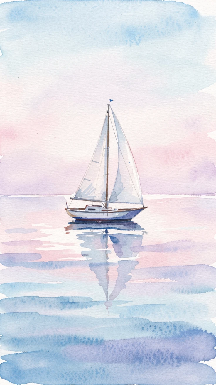 A single sailboat drifting on a calm, glassy sea with a serene and unhurried atmosphere.