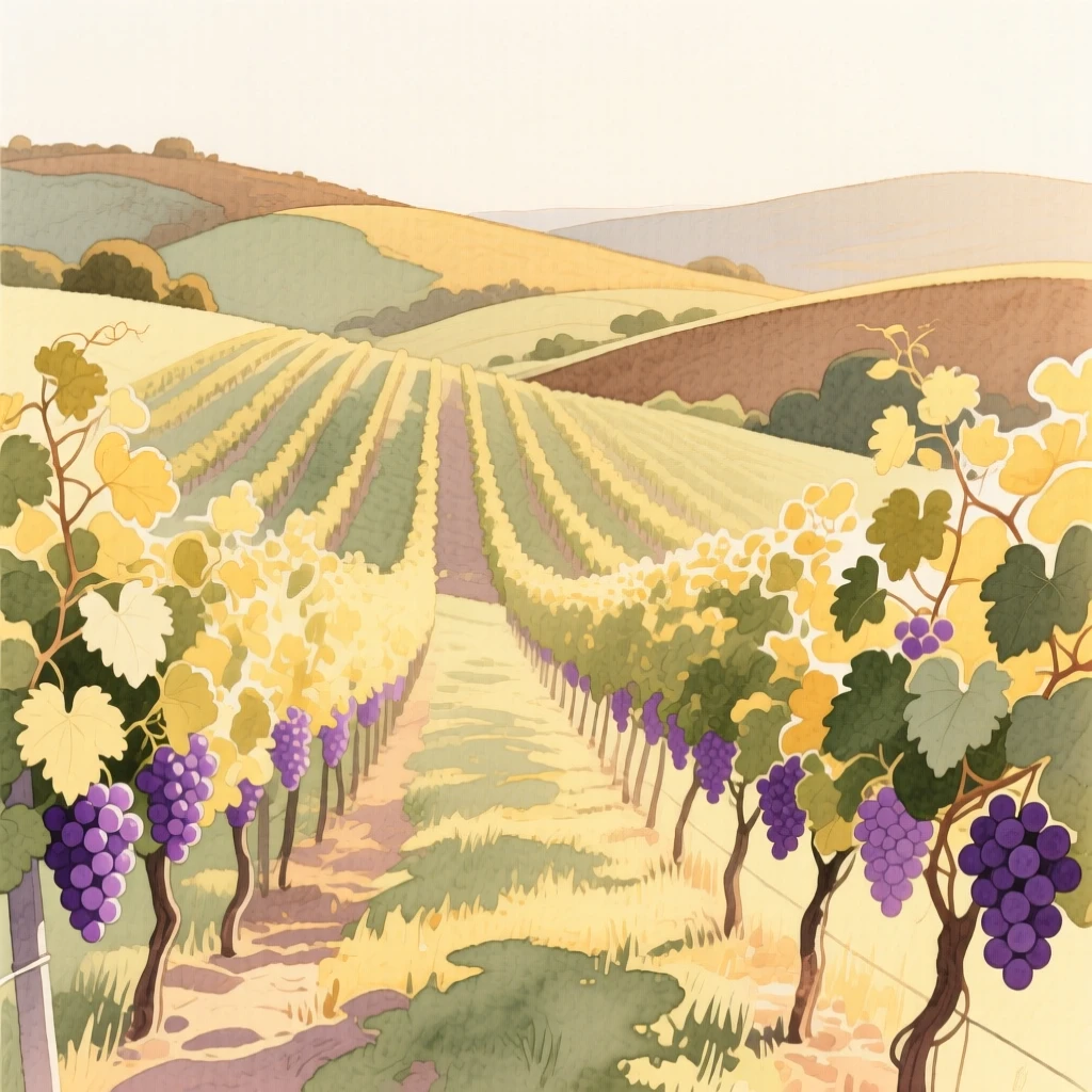 A vineyard stretches across gentle hillsides under warm golden light with rows of grapevines heavy with fruit