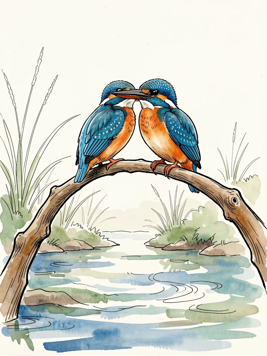 A pair of kingfishers perched above a slow-moving stream, a stillness in the air broken only by distant birdsong.
