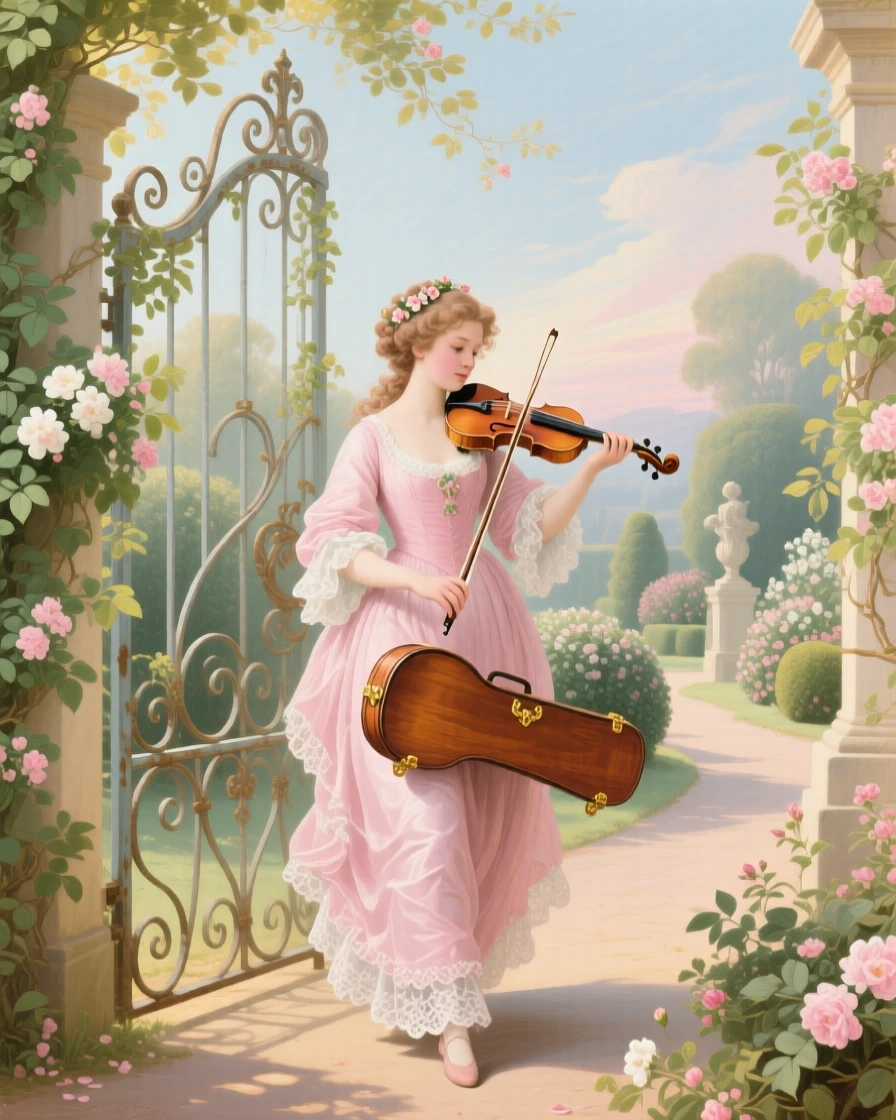 A young woman carrying a violin case through an ivy-covered garden gate  