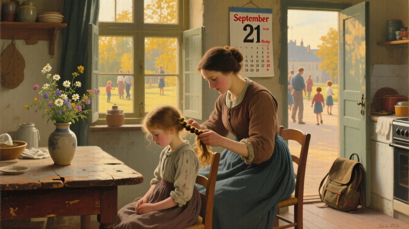 A mother braiding her daughter's hair before school on a busy morning, as the golden light of late afternoon fills the space, celebrating the simple, universal joys of family life