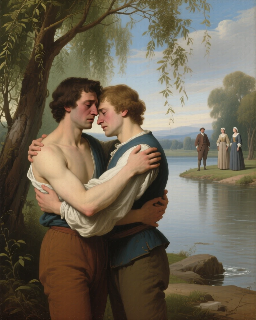 Two estranged brothers embracing after years of separation in a gesture that speaks louder than words, set beside a quiet riverbank framed by willow trees, with distant figures watching quietly from a respectful distance; the two central figures are drawn close together in an intimate embrace, overflowing with tenderness, relief, and quiet triumph.