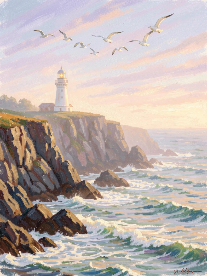 A dramatic cliffside coastline where waves crash against dark rocks, a lighthouse standing sentinel on the point as gulls wheel overhead.