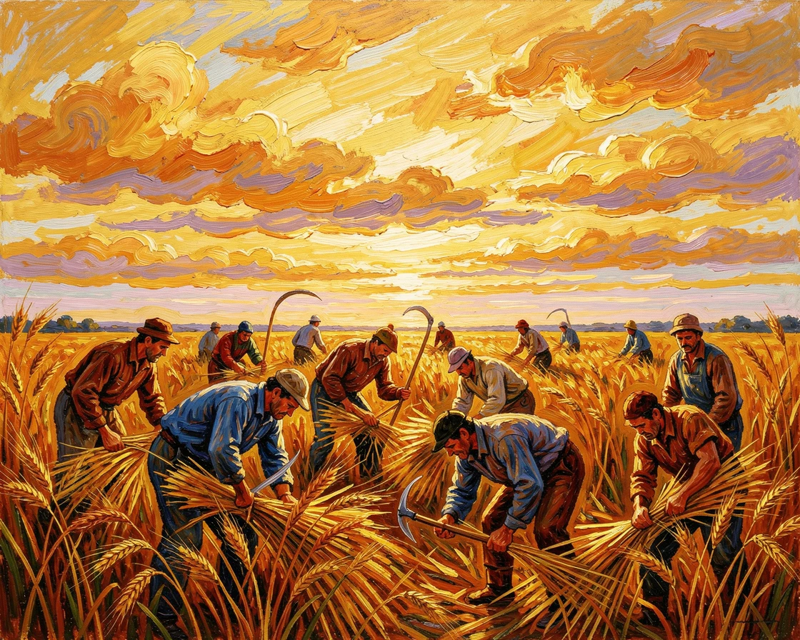 A group of farmers harvesting wheat together beneath a wide golden sky.