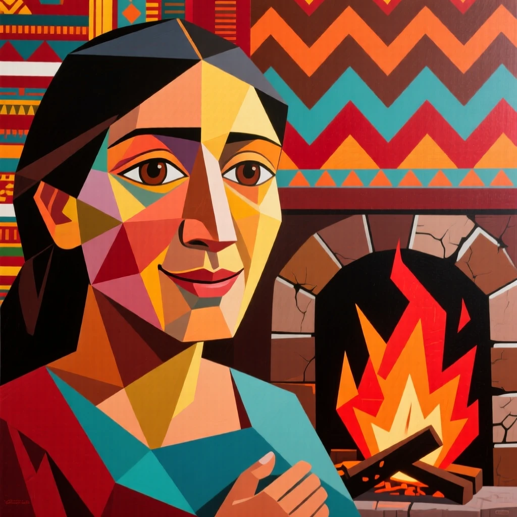 A close-up portrait of a new mother of Mexican heritage, smiling shyly, beside a crackling hearth.