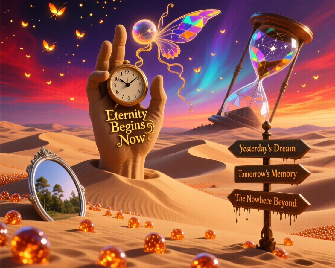A desert of rolling dunes made from fine golden hourglass sand stretches endlessly beneath a sky of shifting colors, as fireflies drift like scattered stars through the air.