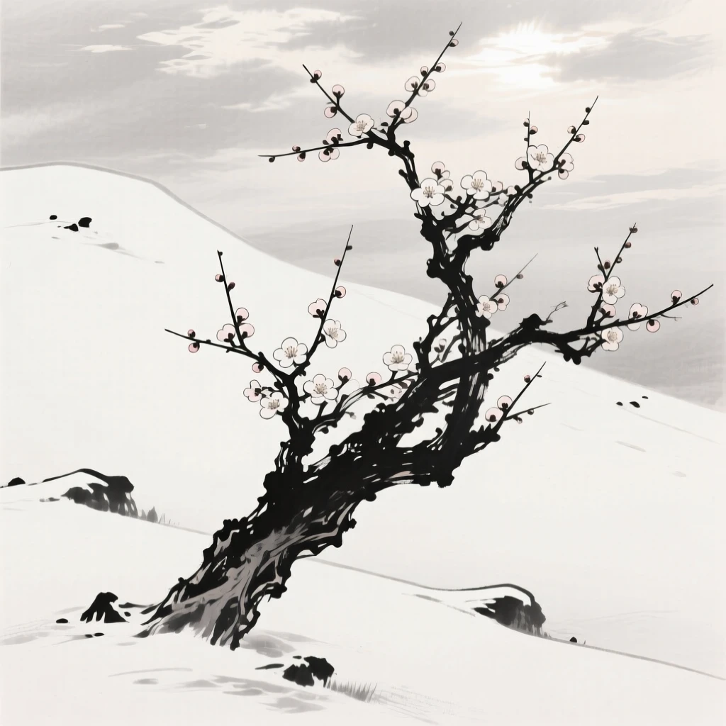 A gnarled plum tree in full bloom stands alone against a snowy hillside, with soft light breaking through scattered clouds.