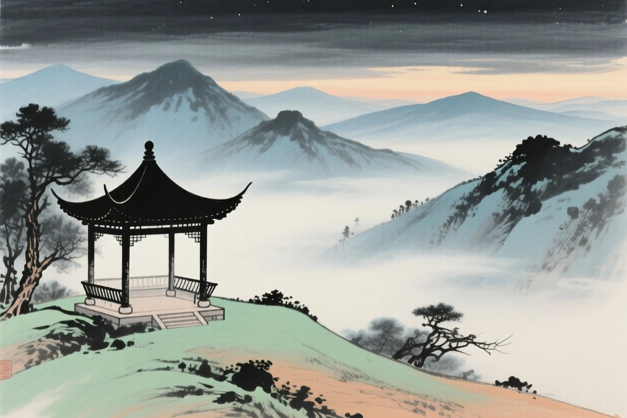 An empty pavilion overlooking mountains fading into evening haze, as morning mist begins to lift, through swirling morning fog.