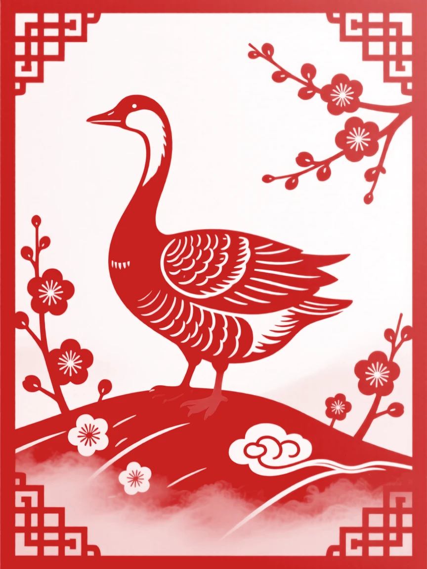 A wild goose, standing alert on a misty hillside, surrounded by scattered plum blossoms.