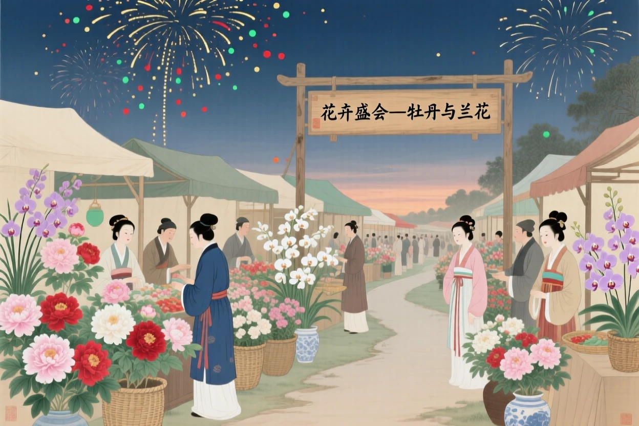 A flower fair filled with vendors selling peonies and orchids, under a sky filled with drifting fireworks