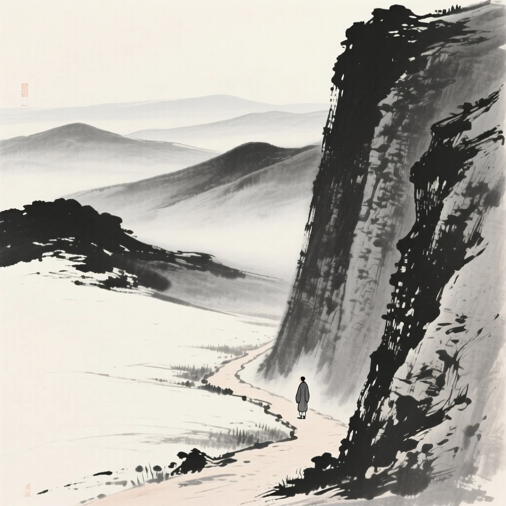 A chain of rolling hills fading into the horizon beneath towering rock walls softened by haze, captured from a narrow path winding into the depth of the scene, with a lone traveler pausing on the path to take in the view, evoking a deep sense of solitude and quiet grandeur.