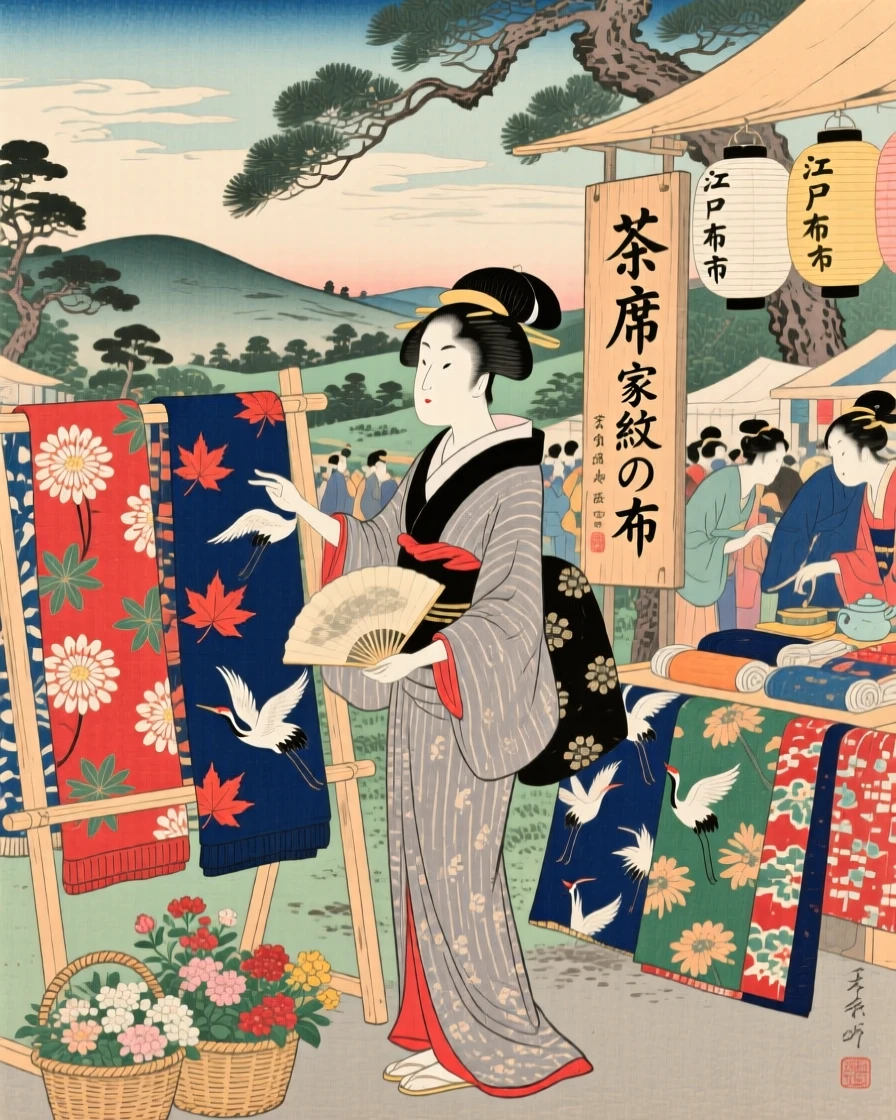 A tea ceremony host displaying bolts of fabric at a bustling stall.