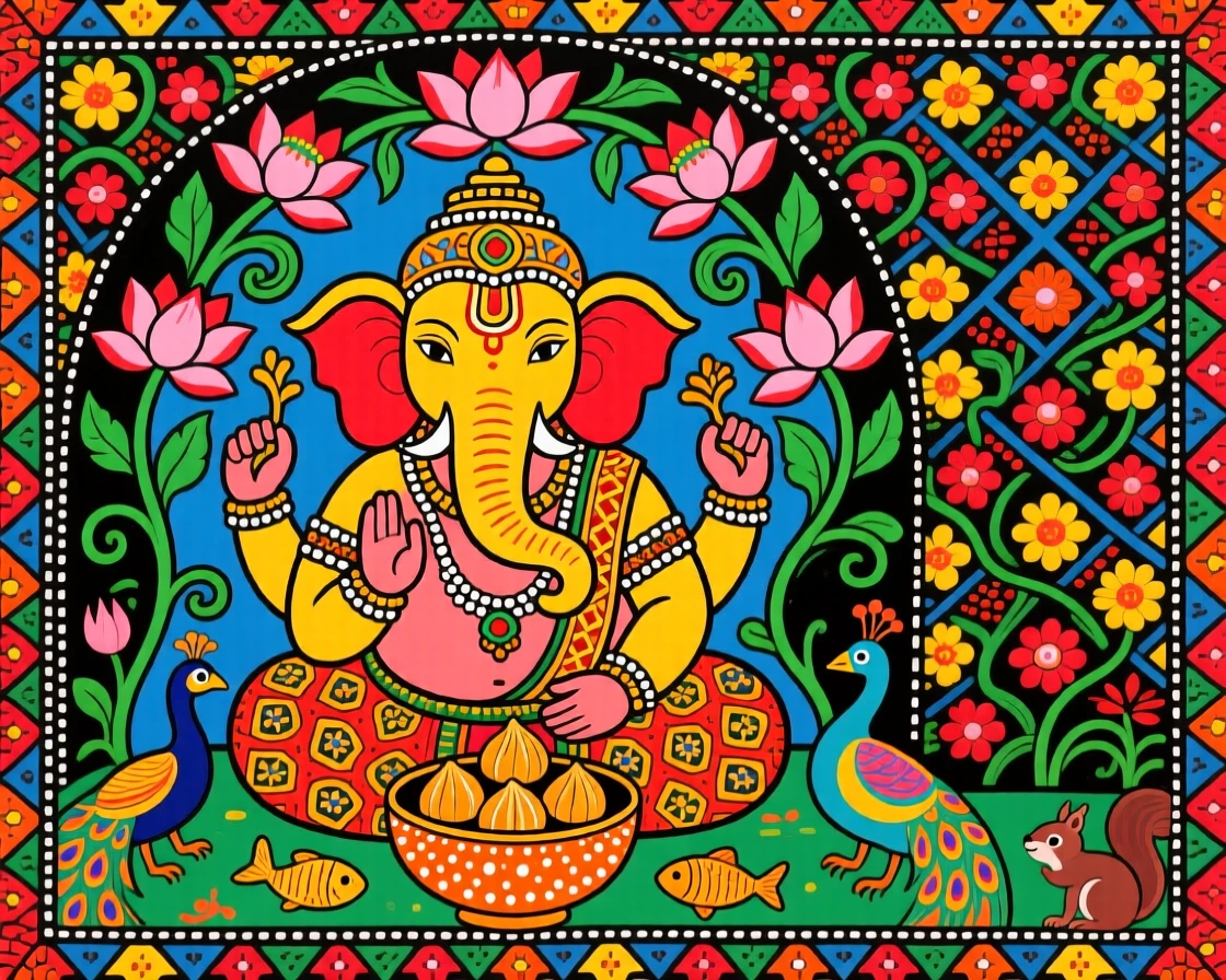 Ganesha seated beneath a canopy of lotus flowers with a bowl of sweets.