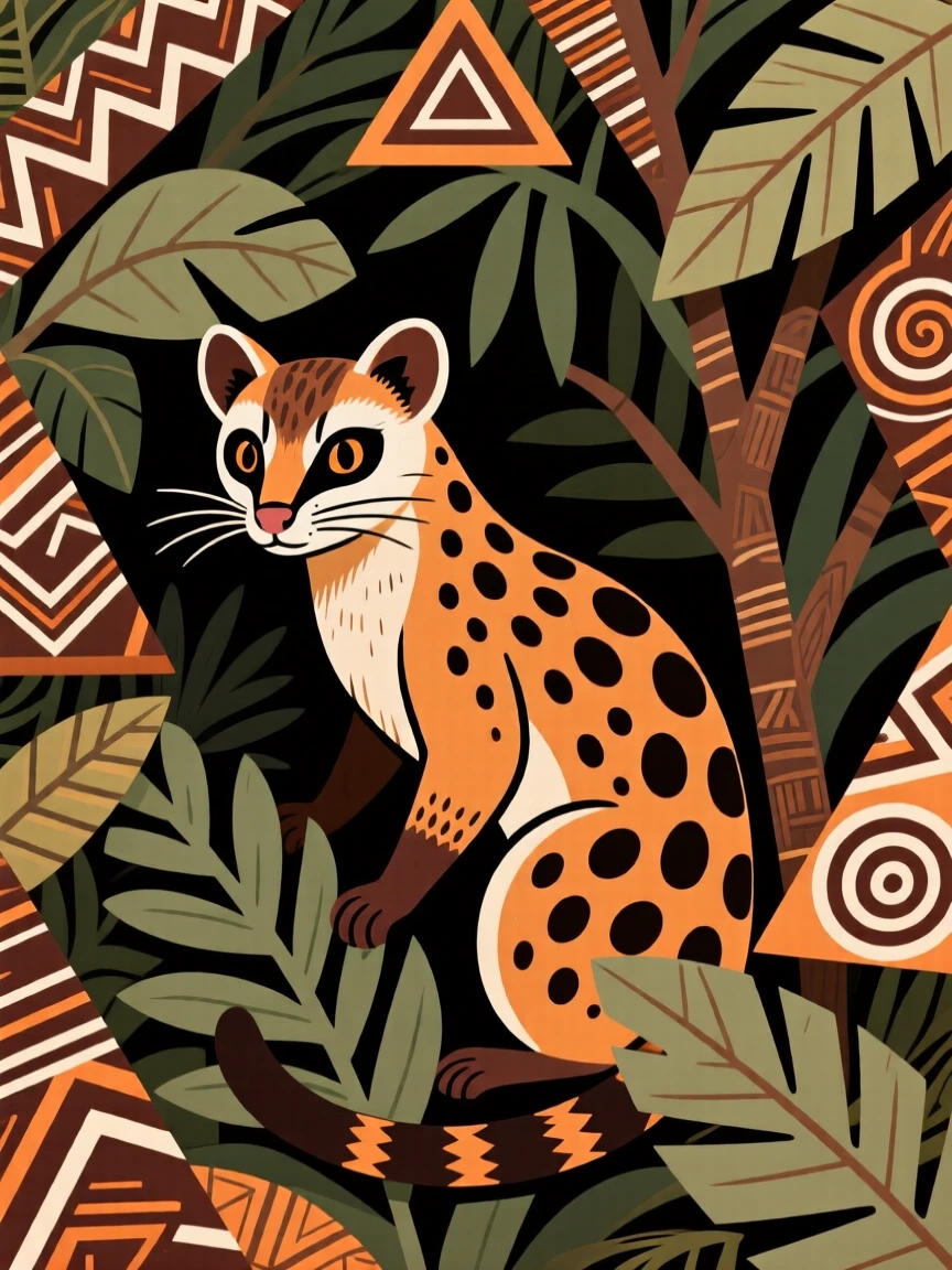 A genet peering out from thick foliage.
