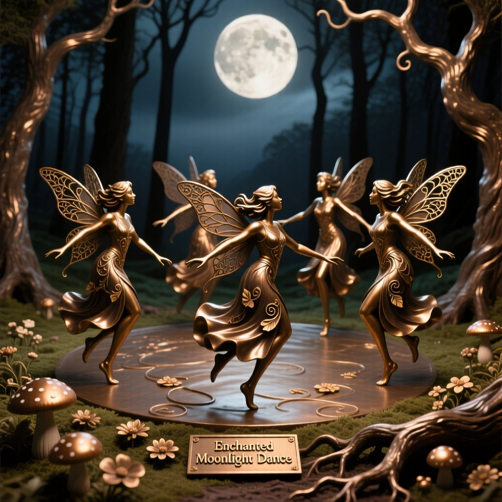 A moonlit clearing where fairies dance in a circle, with intricate, fantastical detail throughout, transporting the viewer to another world