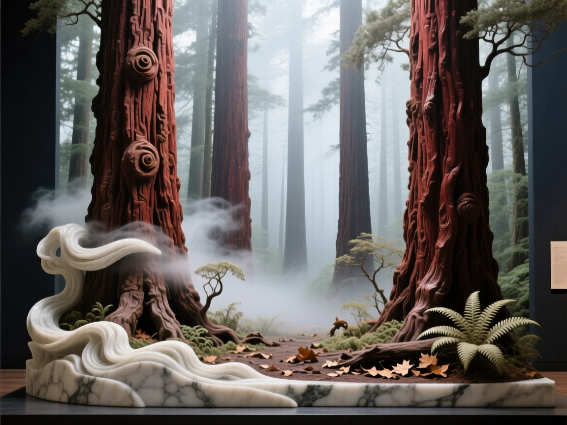 A sweeping, cinematic composition of an ancient redwood forest bathed in fog, capturing the raw beauty of the natural world