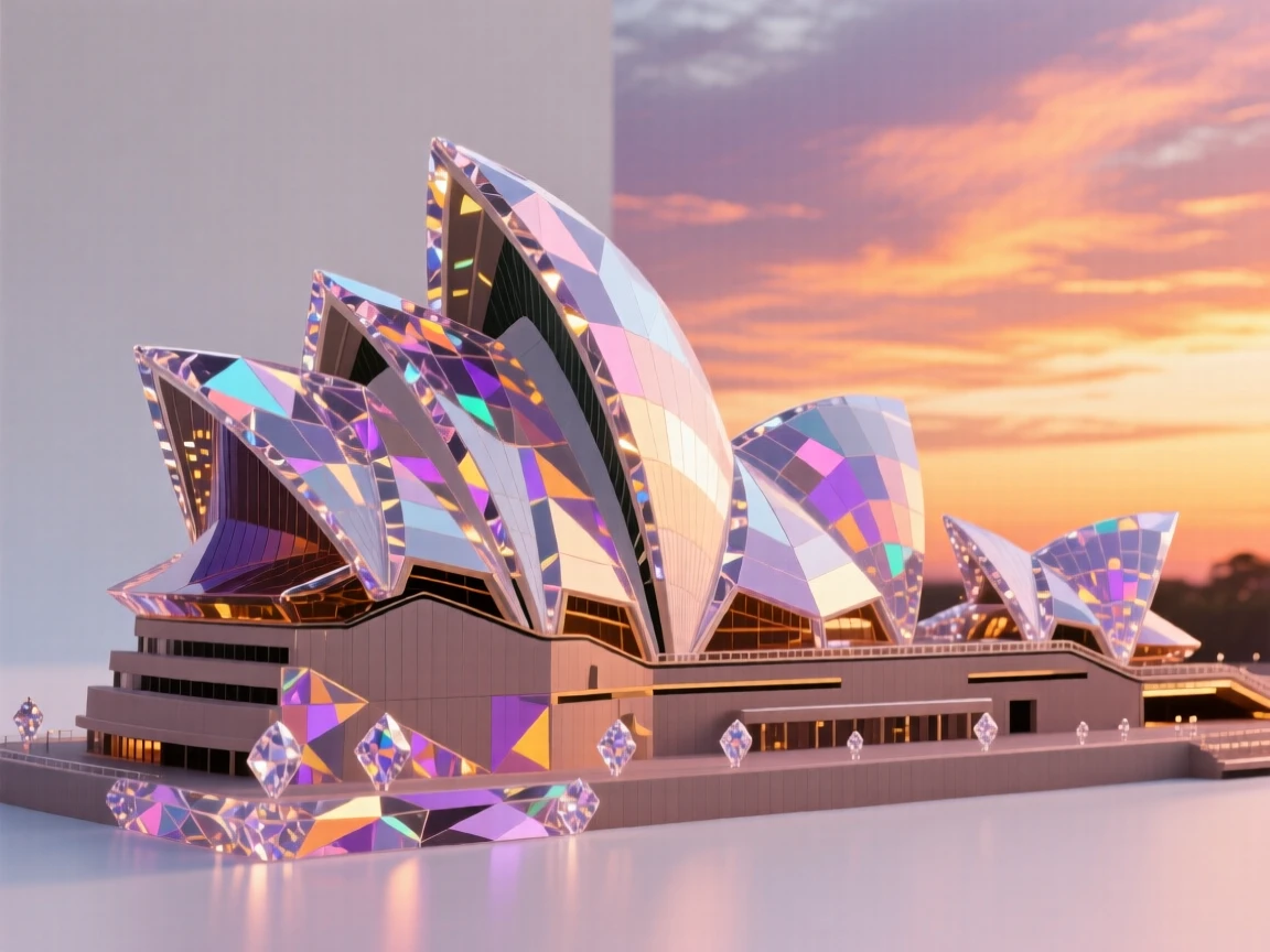 The Sydney Opera House silhouetted against a dramatic sunset sky over the harbor.